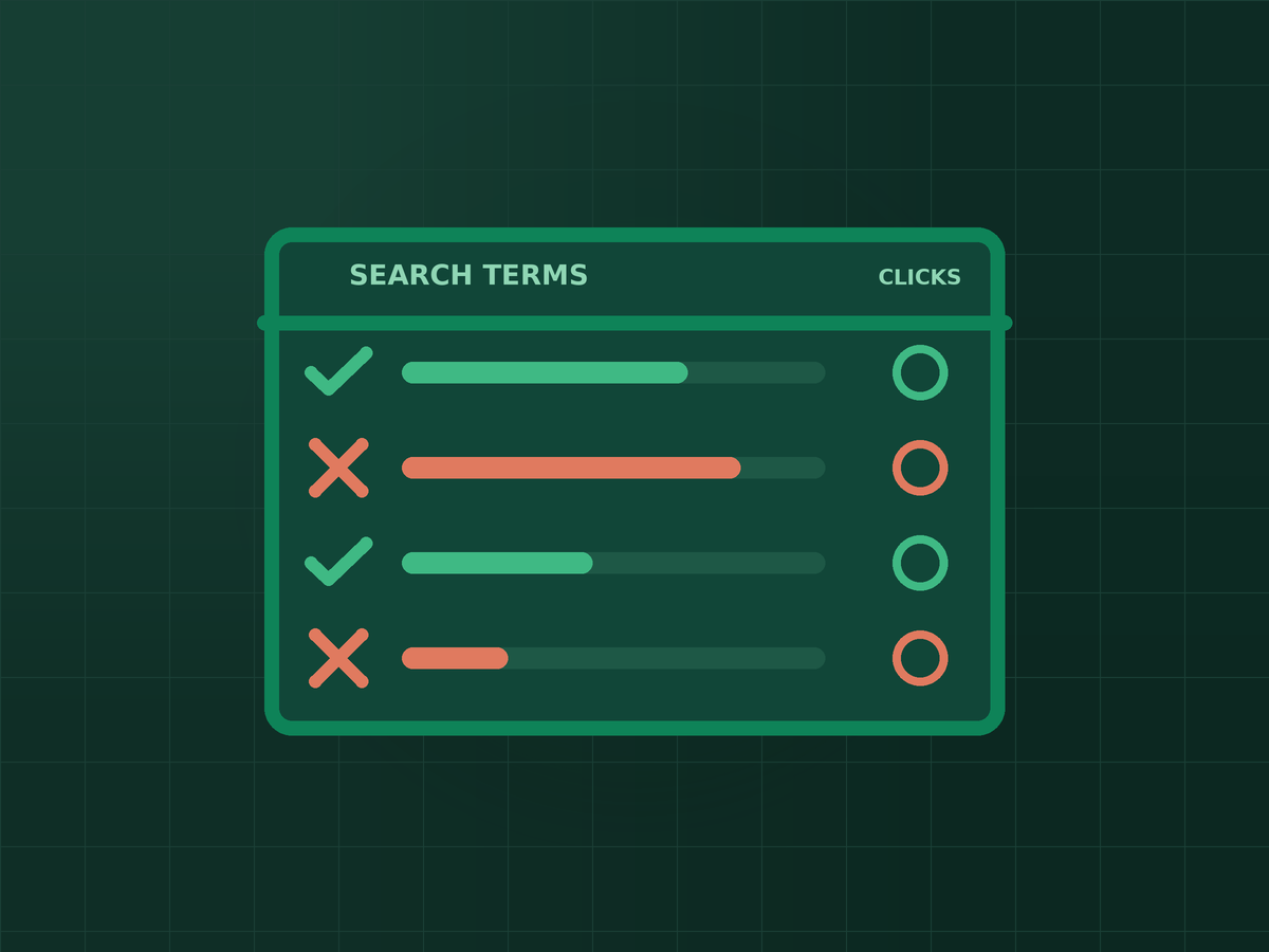 Illustration of a search terms list with good searches ticked and wasted searches crossed out